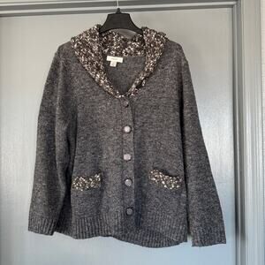 CJ Banks Gray Button Cardigan/Duster Sweater Nubby Collar sz 2X Pockets